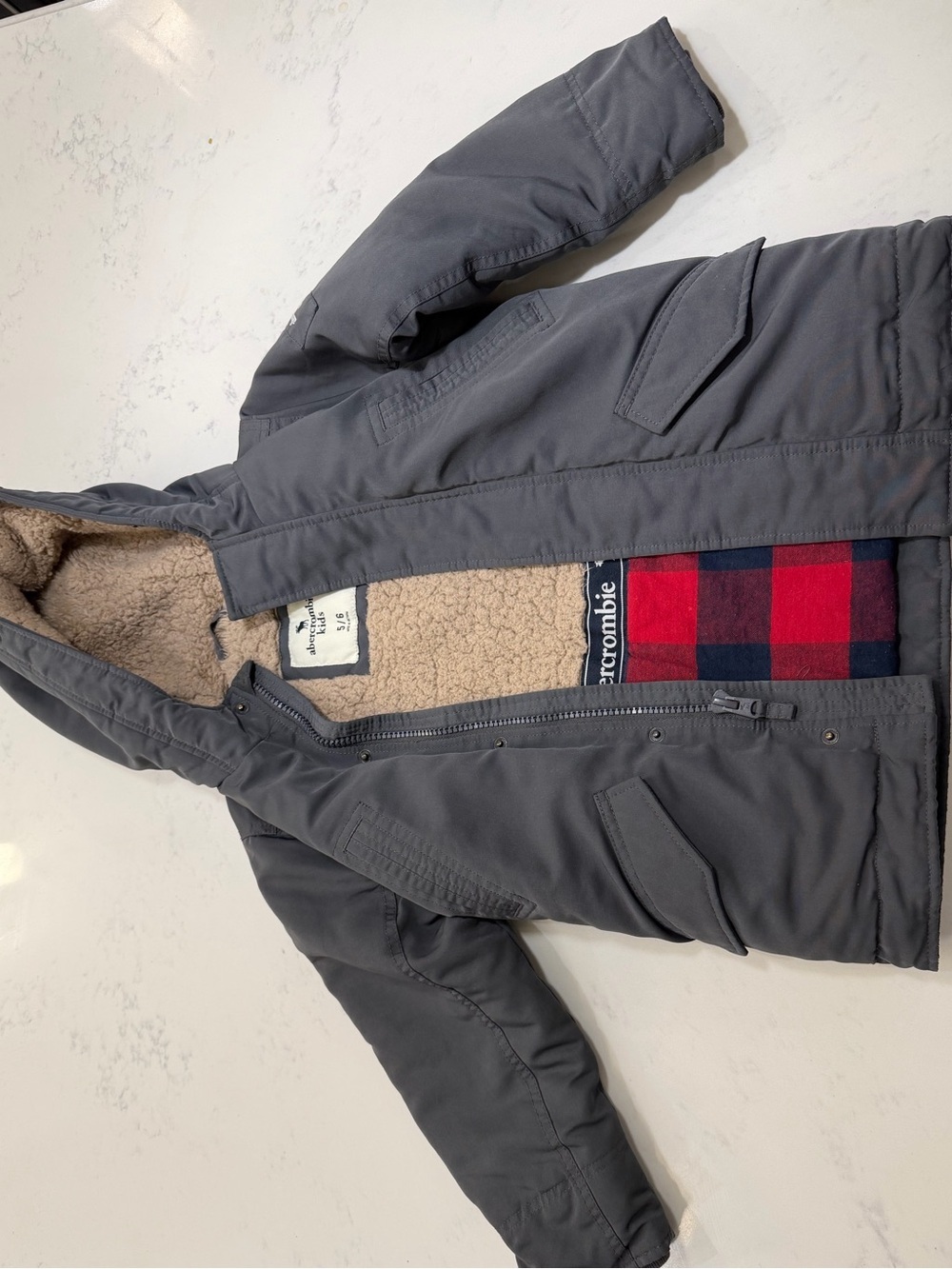 Abercrombie kids Gray Hooded Sherpa-Lined Puffer Jacket with Plaid Trim